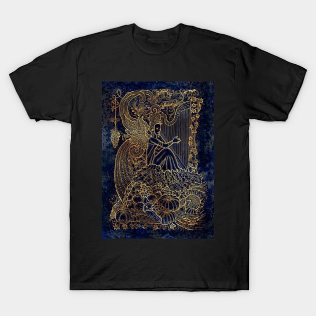 Harvest Moon Harpist. Celestial Background. T-Shirt by Mystic Arts